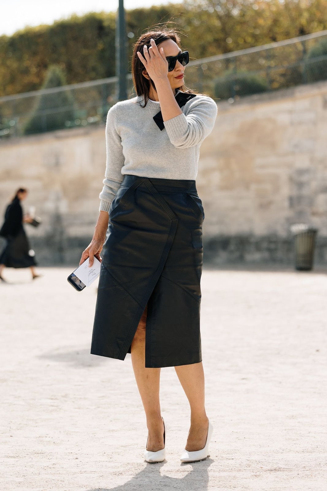 Black Leather Wrap Skirt with Crewneck Sweater — Leather Skirt Outfits