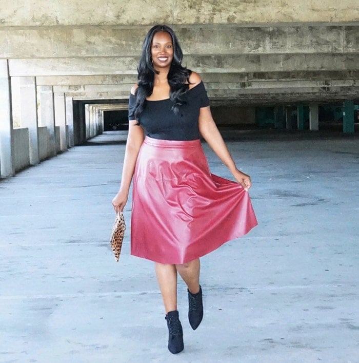Red Leather Midi Skirt with Off-Shoulder Top — Leather Skirt Outfits