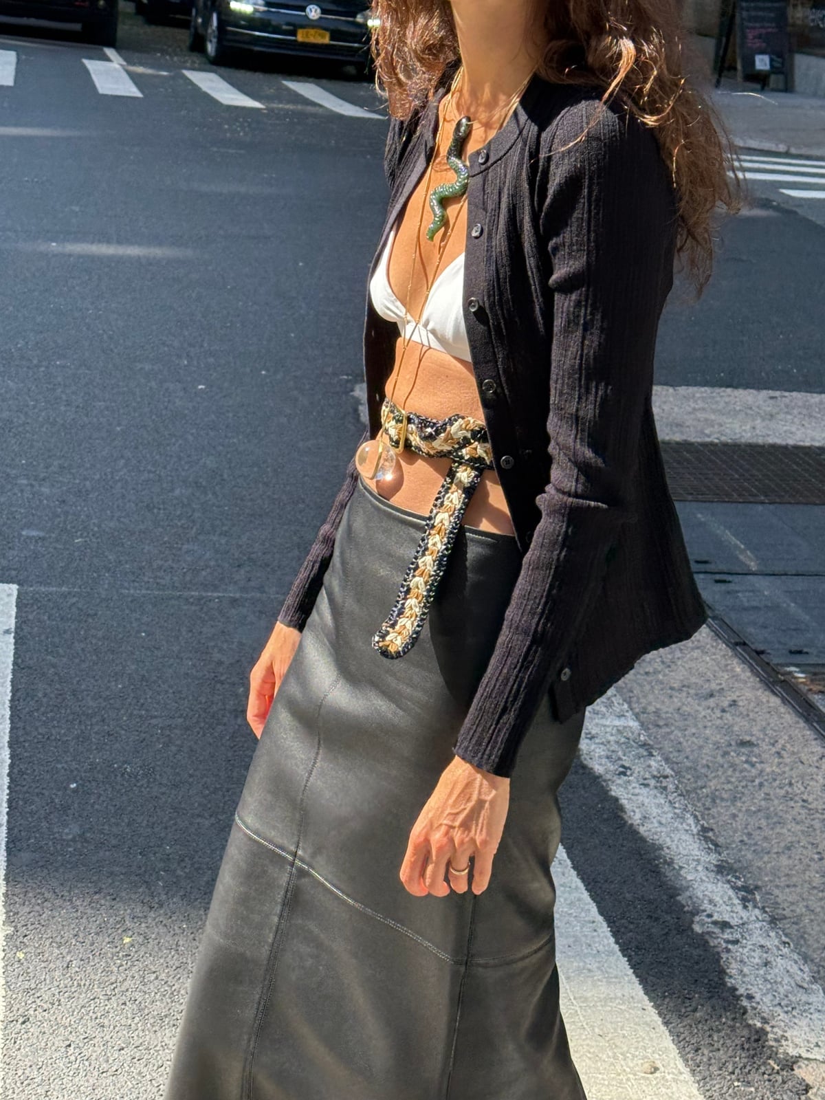 Long Black Leather Column Skirt with Cardigan — Leather Skirt Outfits