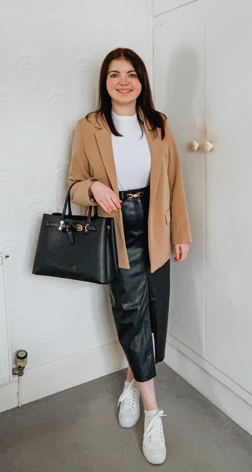 Black Leather Midi Skirt with Oversized Blazer — Leather Skirt Outfits