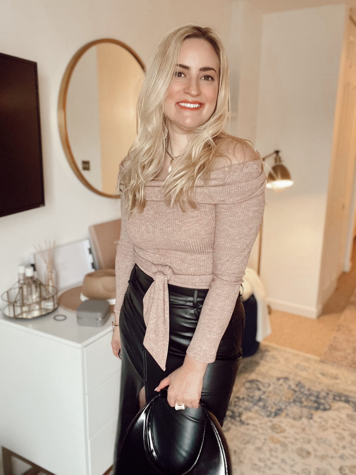 Black Leather Midi Skirt with Pink Knit Top — Leather Skirt Outfits