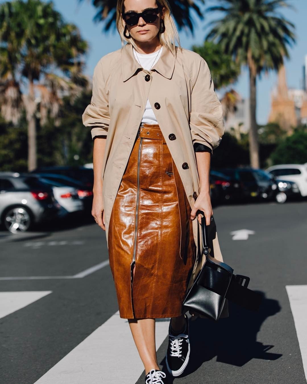 Brown Leather Pencil Skirt with Trench Coat — Leather Skirt Outfits