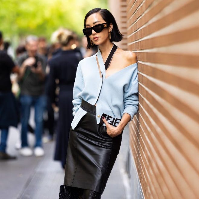 Black Leather Pencil Skirt with Oversized Cardigan — Leather Skirt Outfits