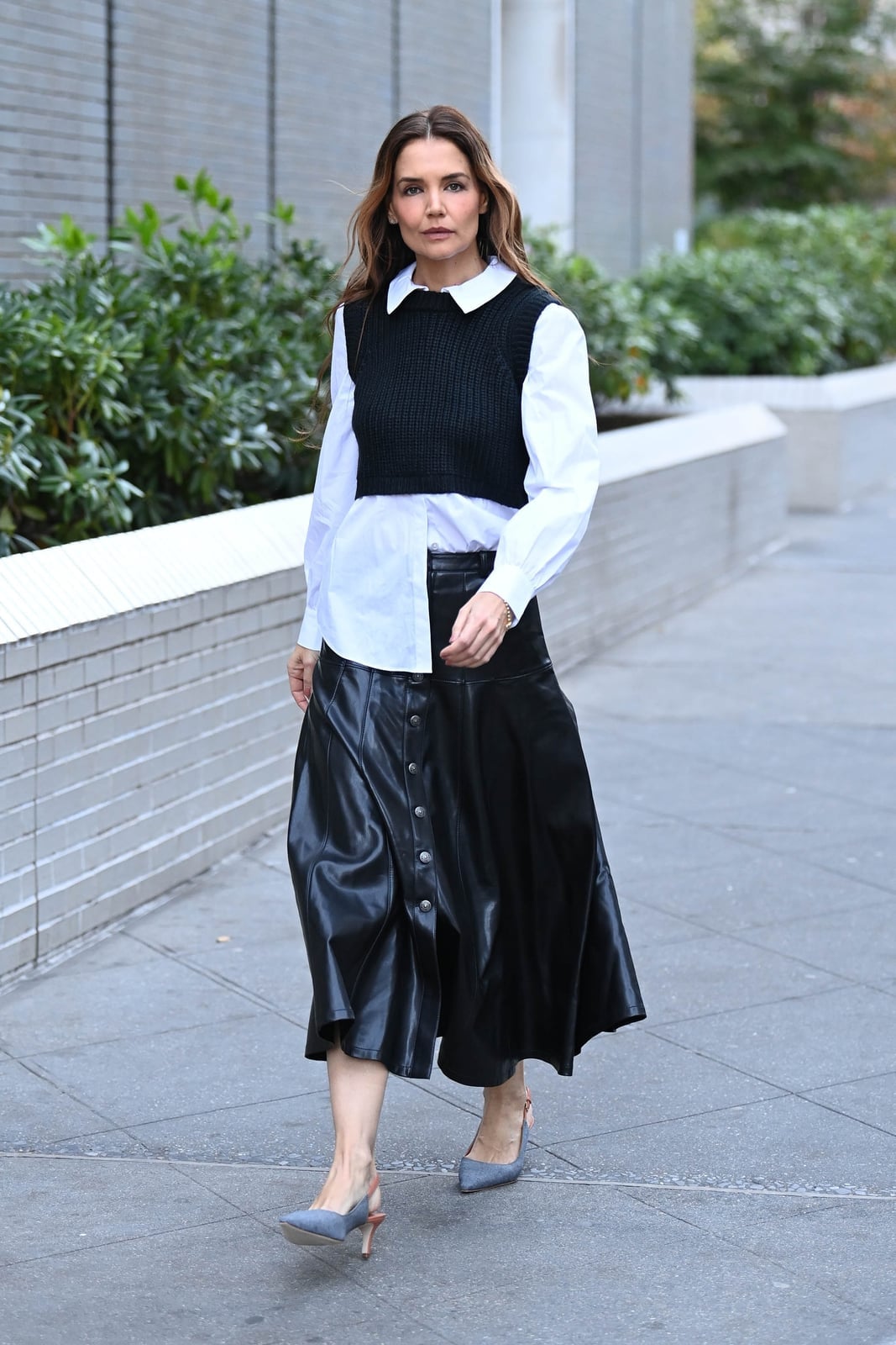 Leather Midi Skirt with Vest and Button-Down — Leather Skirt Outfits