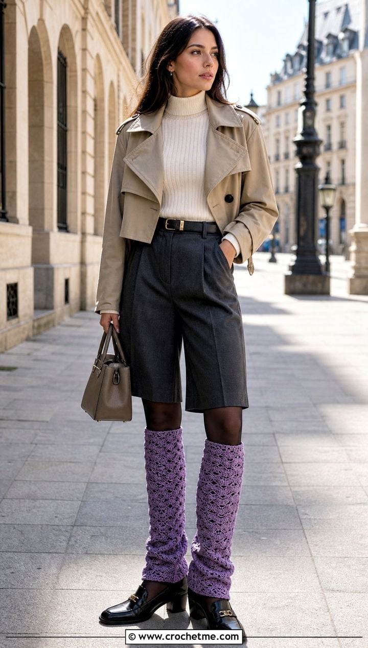 Purple Crochet Leg Warmers with a Cream Turtleneck and Gray Shorts — Leg Warmers Outfits