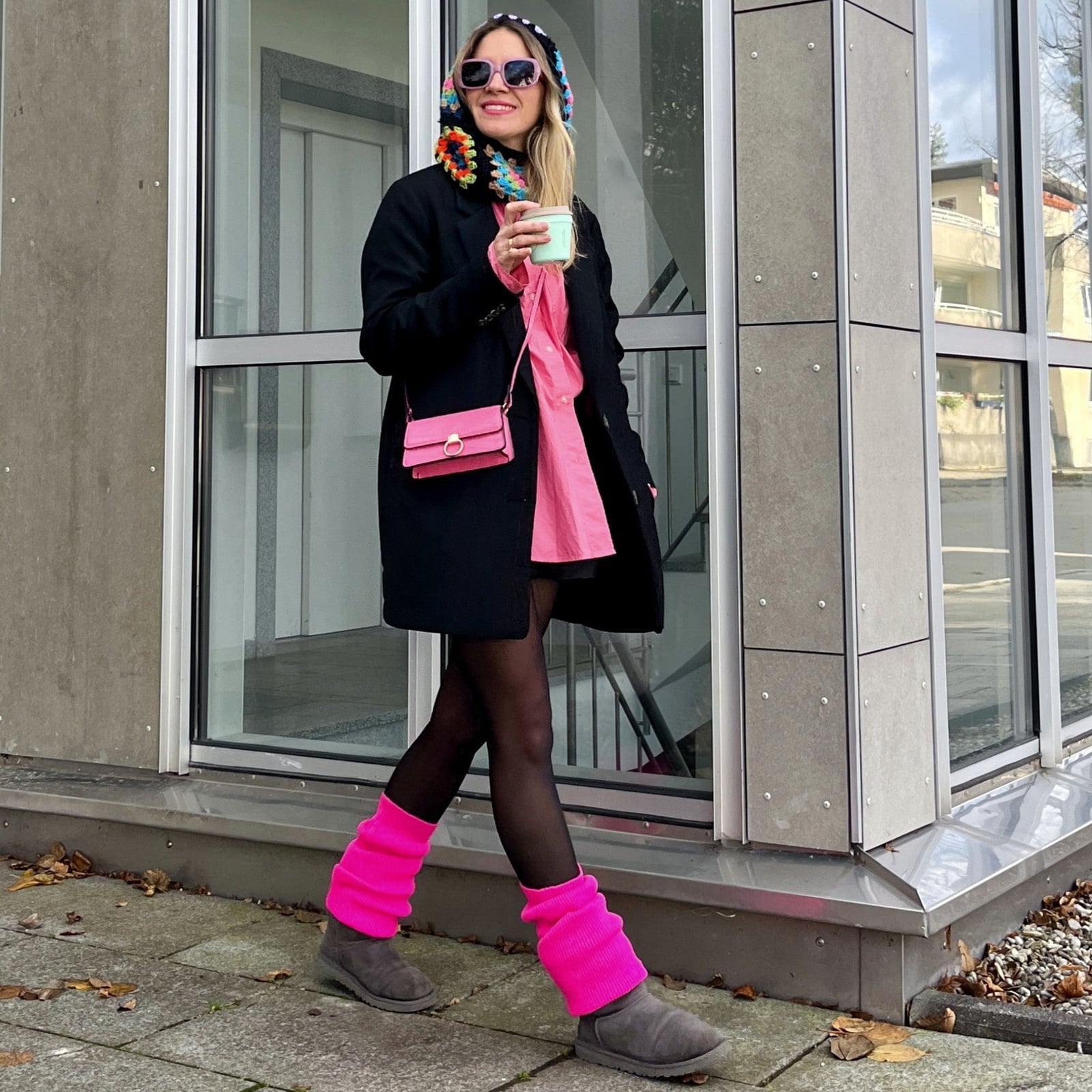 Neon Pink Leg Warmers with a Black Coat and Gray Boots — Leg Warmers Outfits