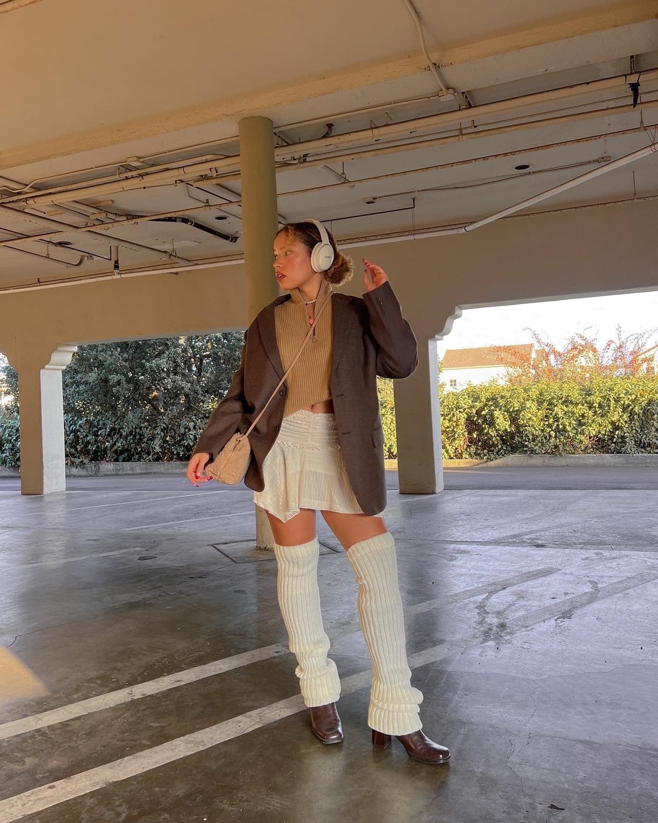 Off-white Cable Knit Leg Warmers with a Brown Blazer — Leg Warmers Outfits