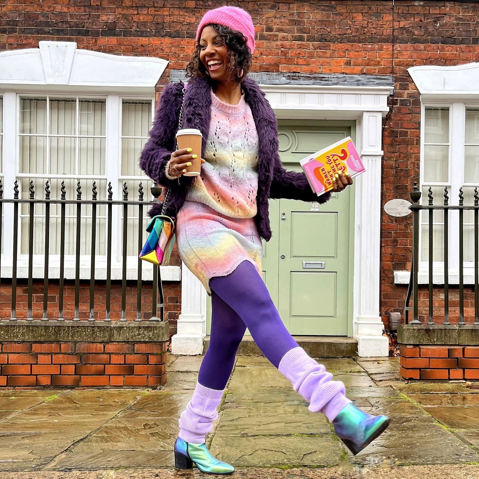 Purple Leg Warmers with a Rainbow Knit Dress and Faux Fur Jacket — Leg Warmers Outfits