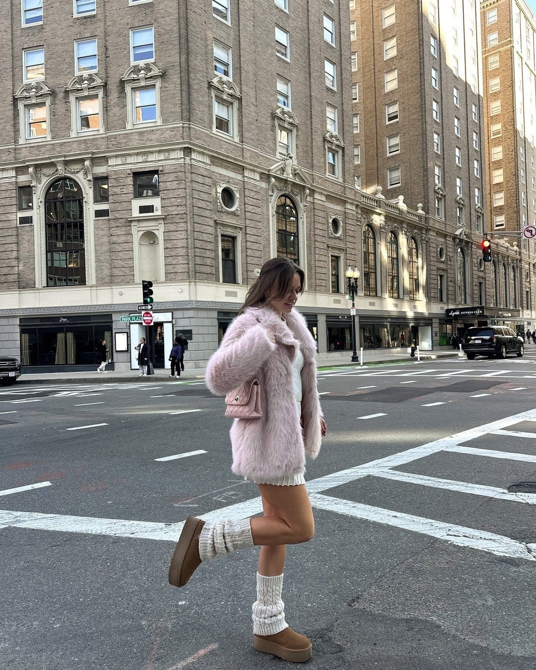 White Ribbed Leg Warmers with a Pink Fluffy Coat and Mini Dress — Leg Warmers Outfits