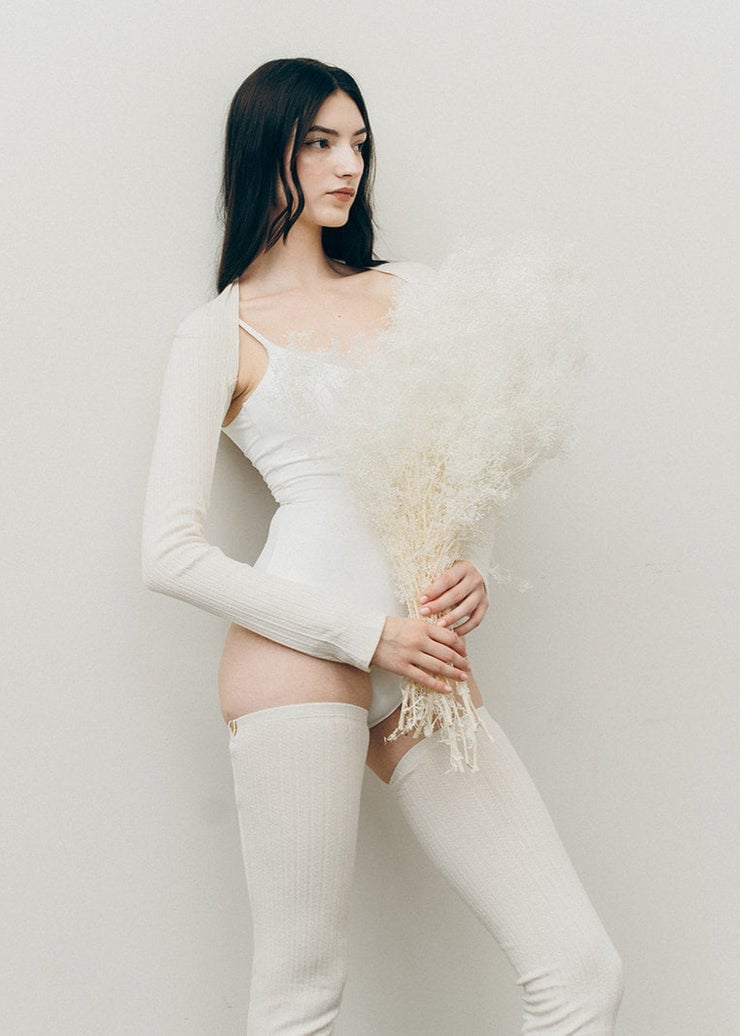 Thigh-high Leg Warmers with Feather Detail and Bodysuit — Leg Warmers Outfits