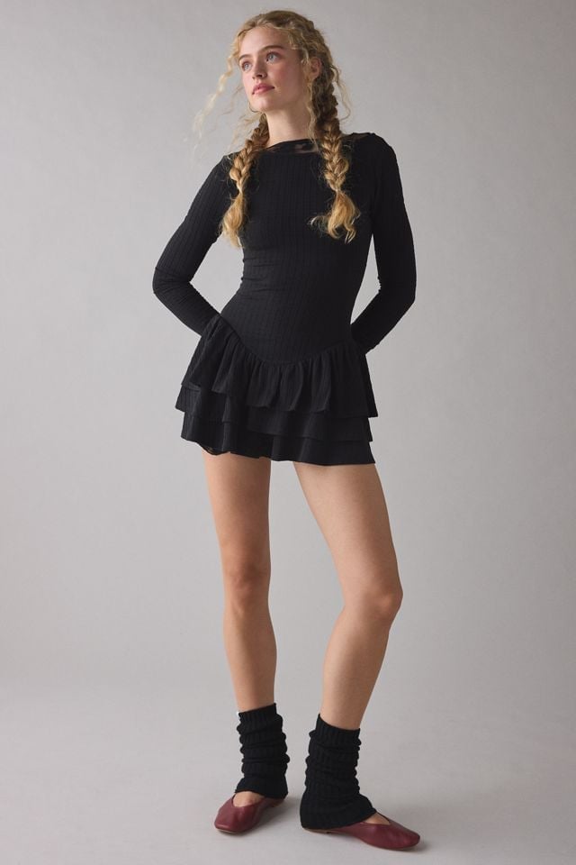 Black Leg Warmers with a Ruffled Mini Skirt and Bodysuit — Leg Warmers Outfits