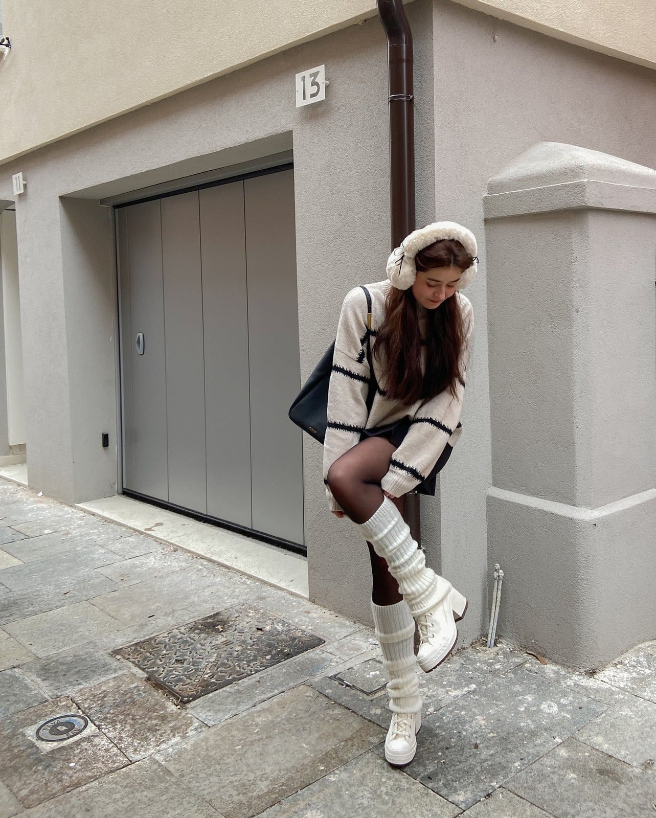 White Leg Warmers with a Striped Sweater and Mini Skirt — Leg Warmers Outfits