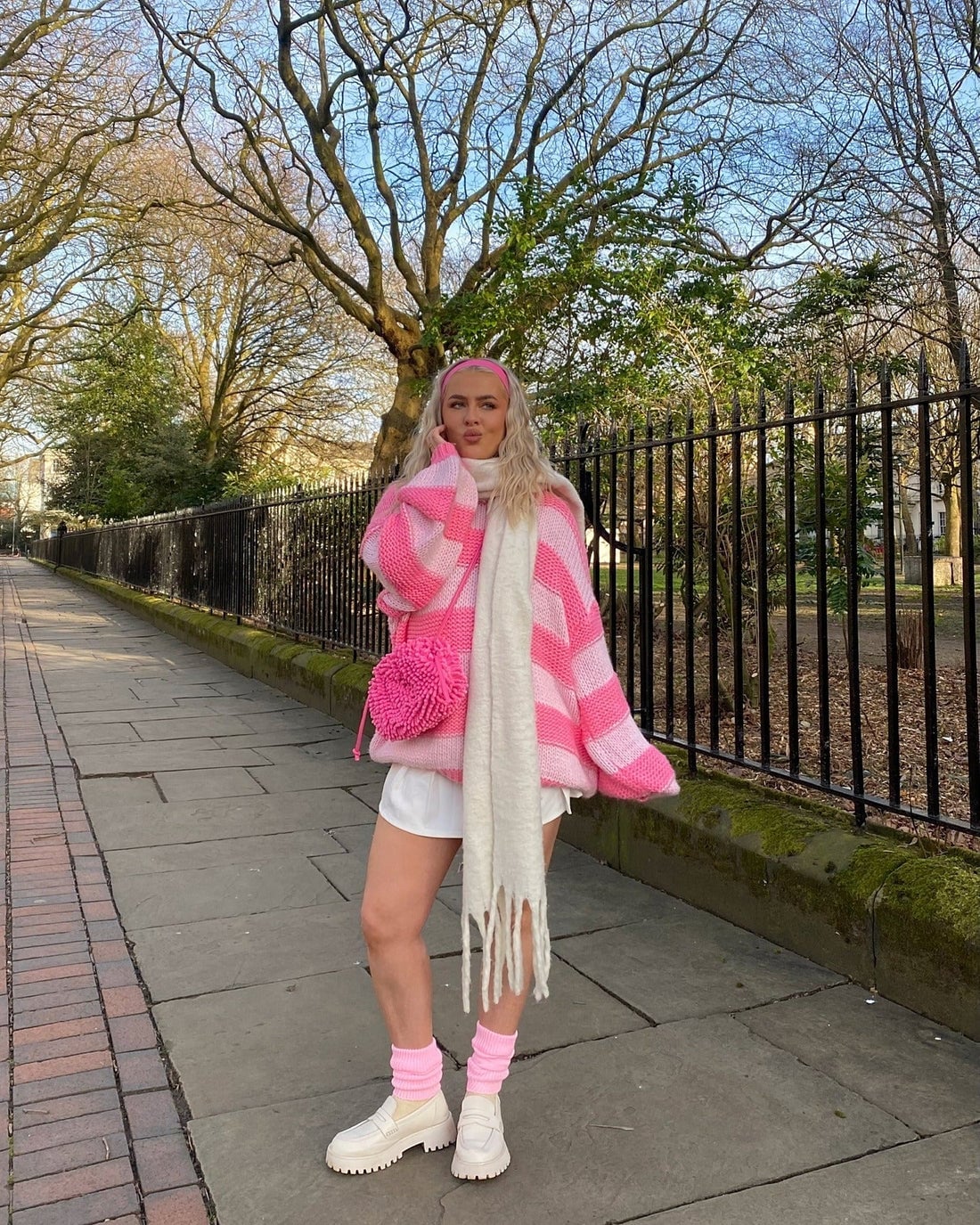 Pink Leg Warmers with a Striped Sweater and White Shorts — Leg Warmers Outfits