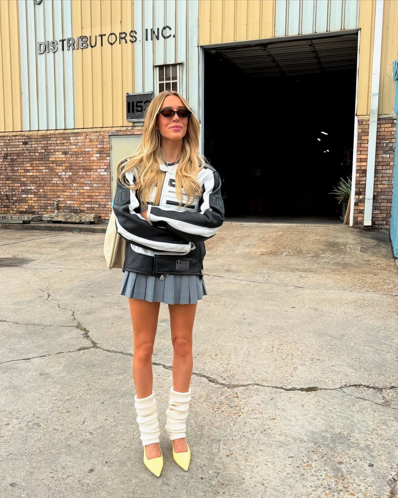 White Leg Warmers with a Moto Jacket and Mini Skirt — Leg Warmers Outfits