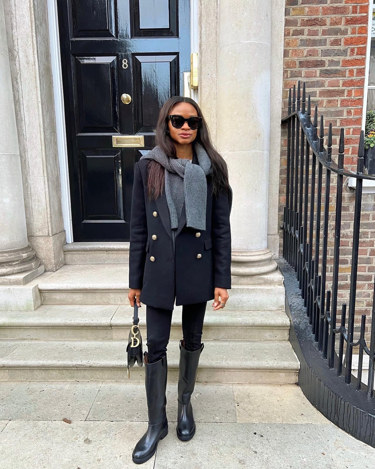 Black Leggings with Gold Button Blazer and Knee-High, Close-Up Take Black Leggings with Gold Button Blazer and Knee-High, Close-Up Take — Leggings Outfits Casual