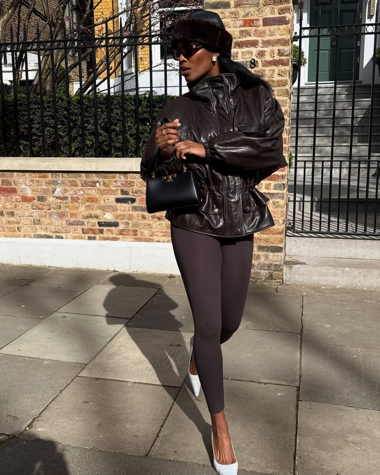 Taupe Leggings with Leather Jacket and Fur Hat Taupe Leggings with Leather Jacket and Fur Hat — Leggings Outfits Casual