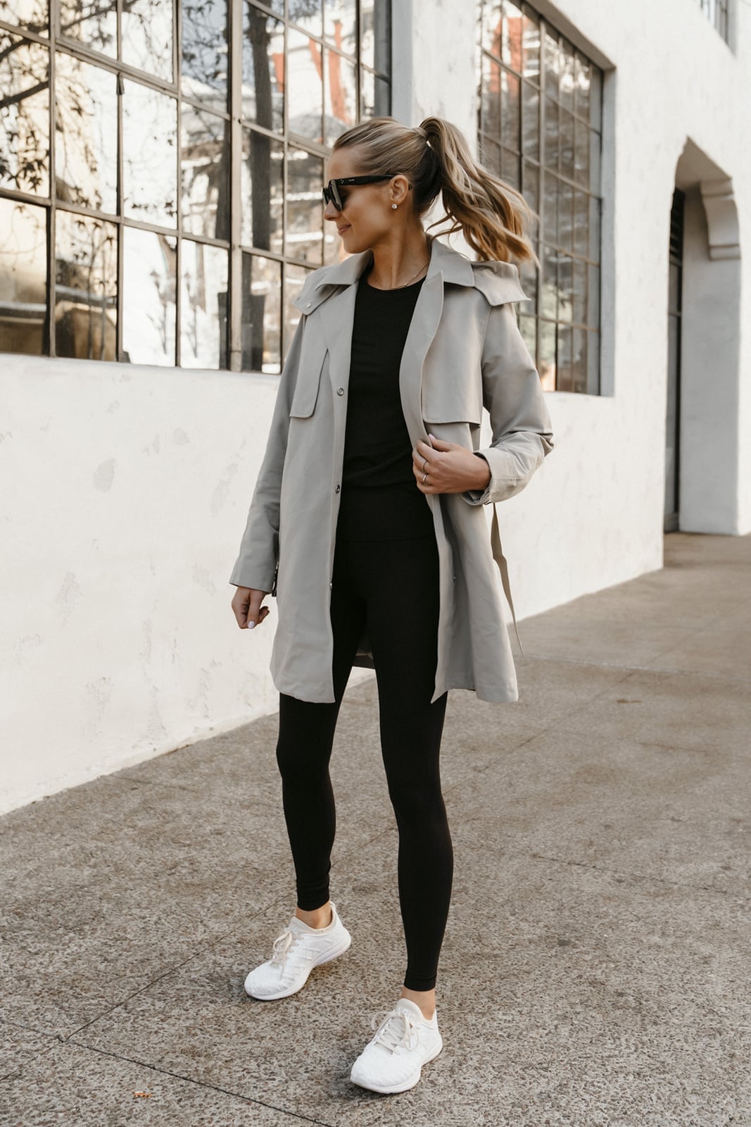 Trench Coat Over Black Leggings and T-Shirt, Close-Up Take Trench Coat Over Black Leggings and T-Shirt, Close-Up Take — Leggings Outfits Casual