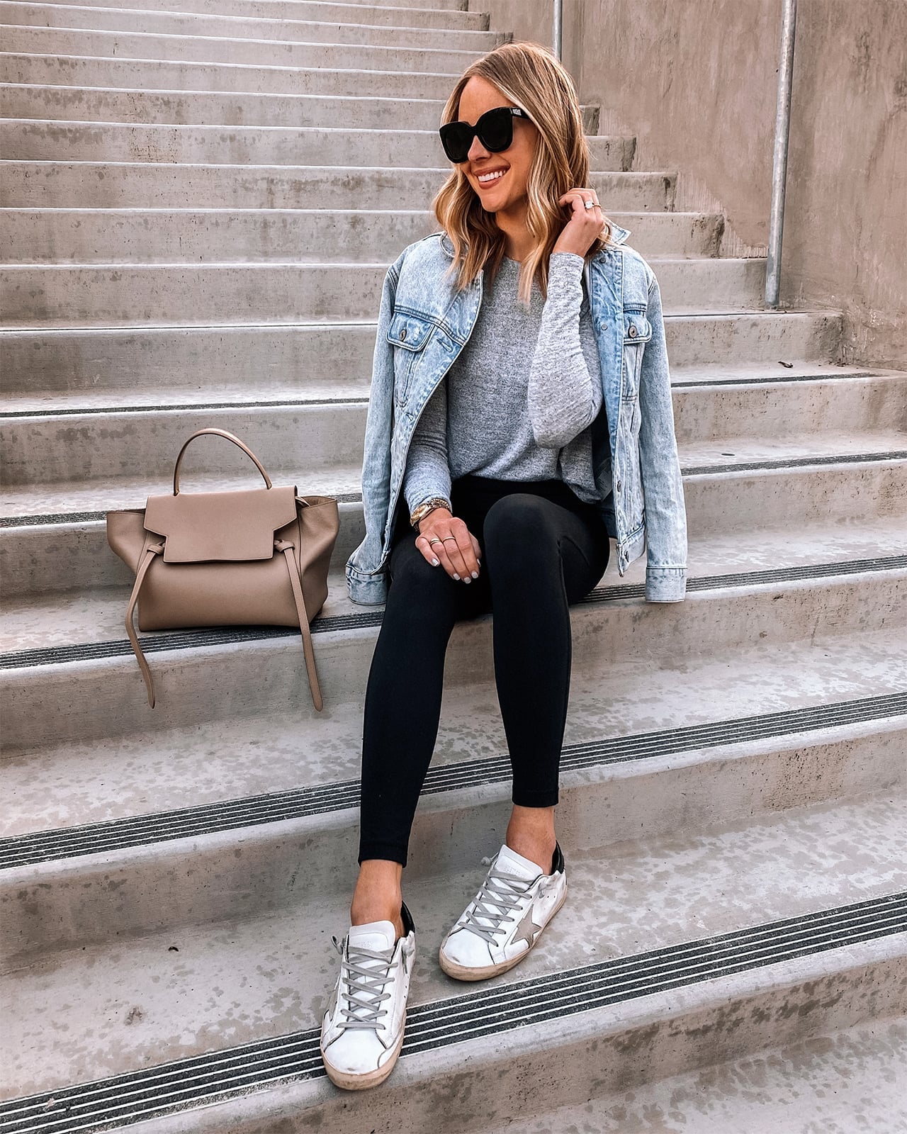 Denim Jacket with Gray Top and Black Leggings, Close-Up Take Denim Jacket with Gray Top and Black Leggings, Close-Up Take — Leggings Outfits Casual