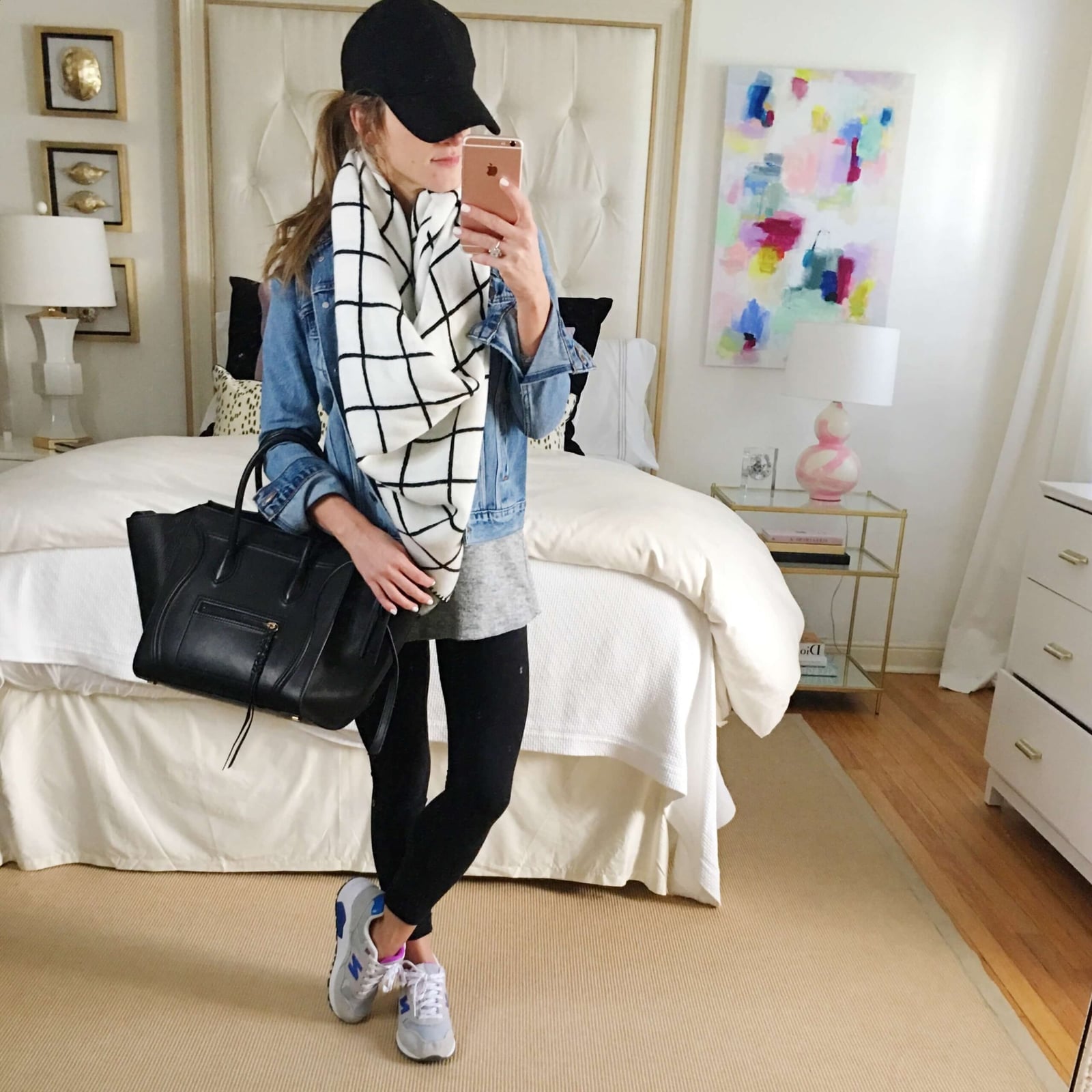 Checked Scarf with Denim Jacket and Black, Office-Safe Version Checked Scarf with Denim Jacket and Black, Office-Safe Version — Leggings Outfits Casual