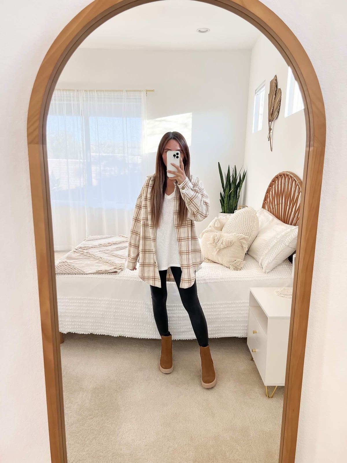 Plaid Shirt Over T-Shirt with Black Leggings, Office-Safe Version Plaid Shirt Over T-Shirt with Black Leggings, Office-Safe Version — Leggings Outfits Casual