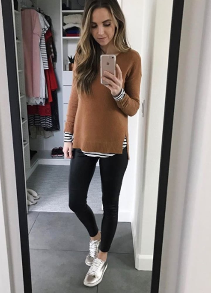 Faux Leather Leggings with Sweater and Metallic, Close-Up Take Faux Leather Leggings with Sweater and Metallic, Close-Up Take — Leggings Outfits Casual