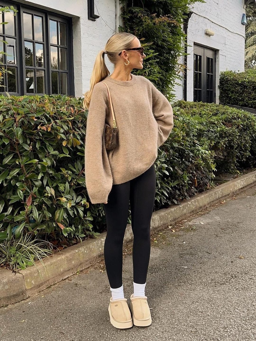 Beige Chunky Knit Sweater with Black Leggings and Small Brown Logo Bag Beige Chunky Knit Sweater with Black Leggings and Small Brown Logo Bag — Leggings Outfits Casual