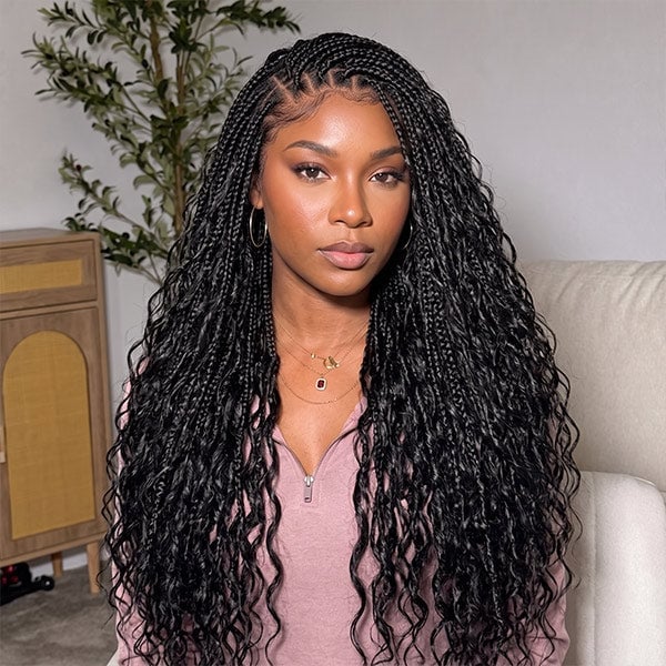 Mid-Back Wavy Fine Braids With Curly Ends Mid-Back Wavy Fine Braids With Curly Ends — Length Braids
