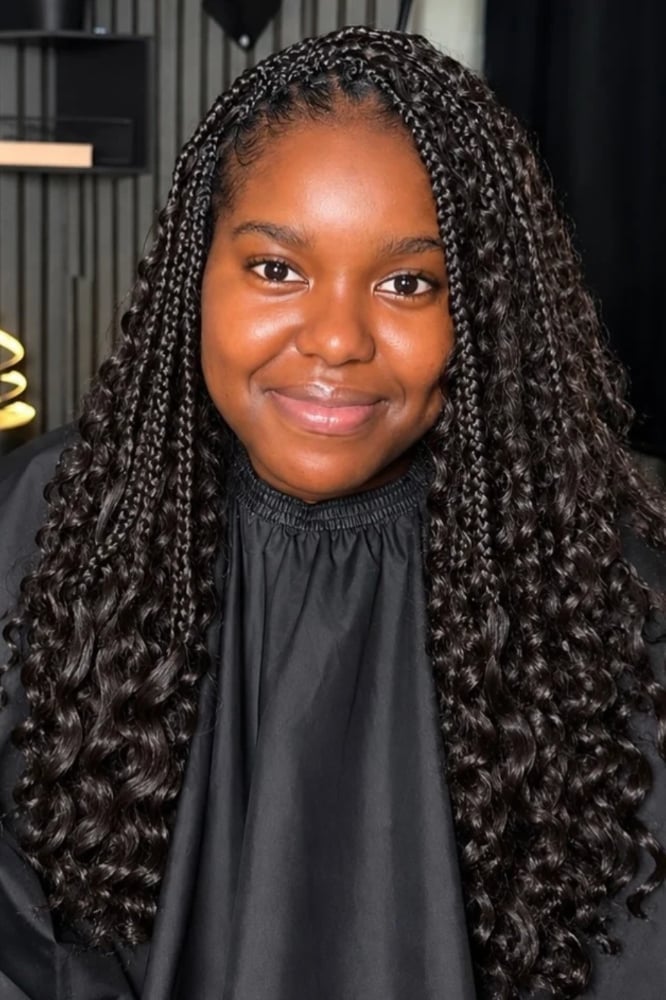 Mid-Back Box Braids With Bohemian Curly Ends Mid-Back Box Braids With Bohemian Curly Ends — Length Braids