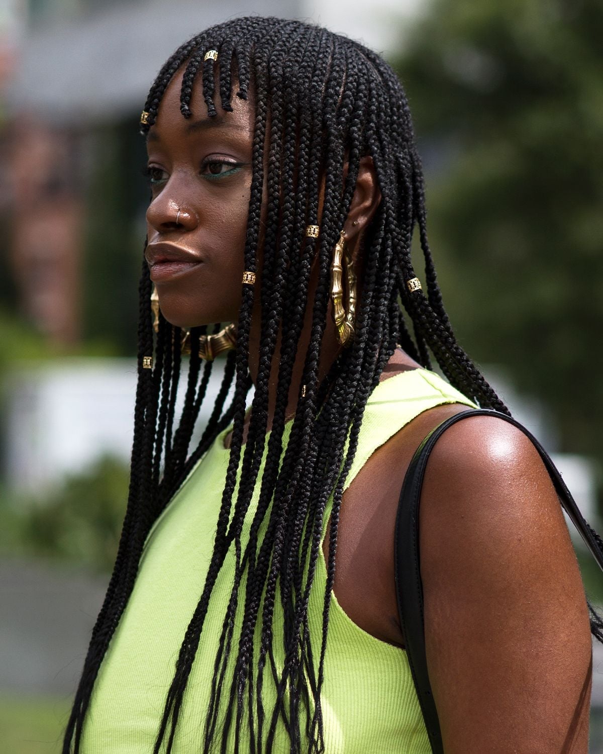 Mid-Back Box Braids With Micro Fringe and Gold Beads Mid-Back Box Braids With Micro Fringe and Gold Beads — Length Braids