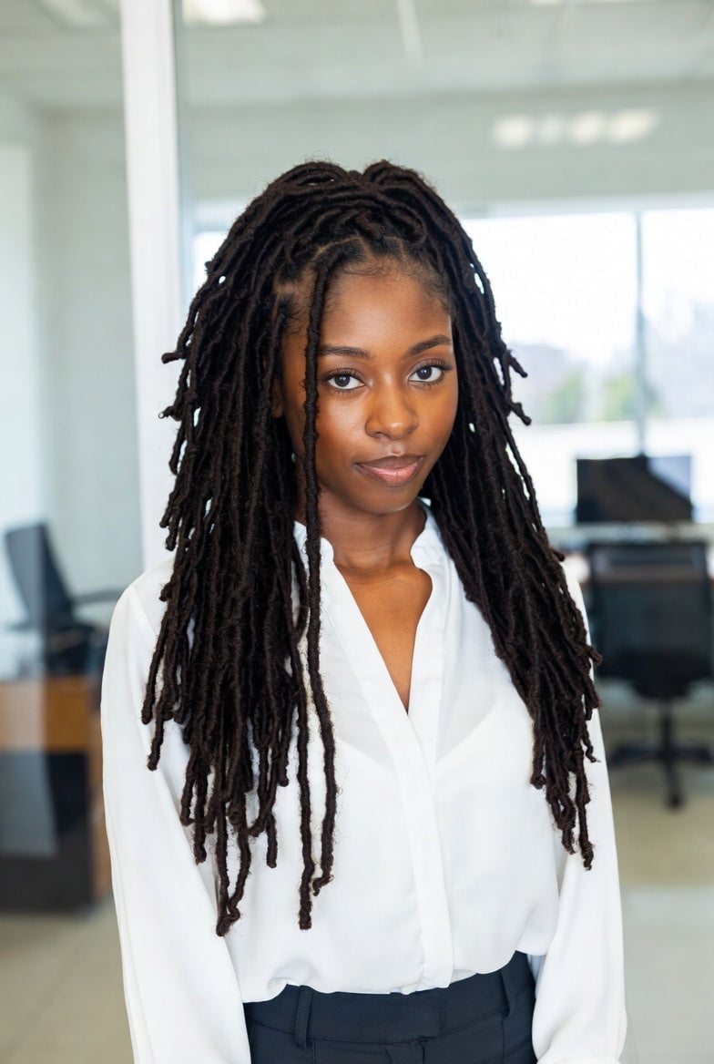 Thick Mid-Back Black Locs, A Portrait Showcasing Long — Length Locs