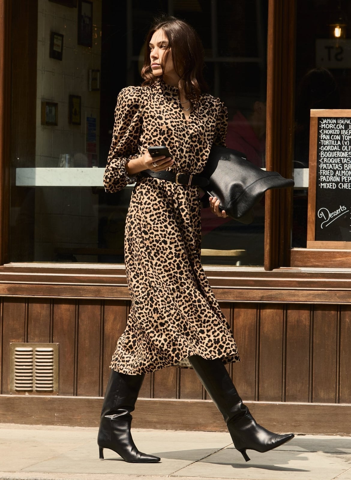 Long-Sleeved Leopard Midi Dress with Leather Belt, Close-Up Take — Leopard Print Outfits