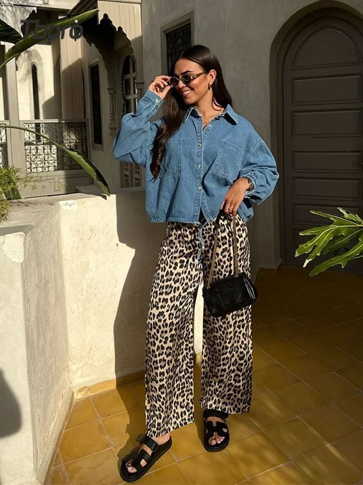 Denim Shirt With Leopard Print Wide Leg Trousers, Close-Up Take — Leopard Print Outfits
