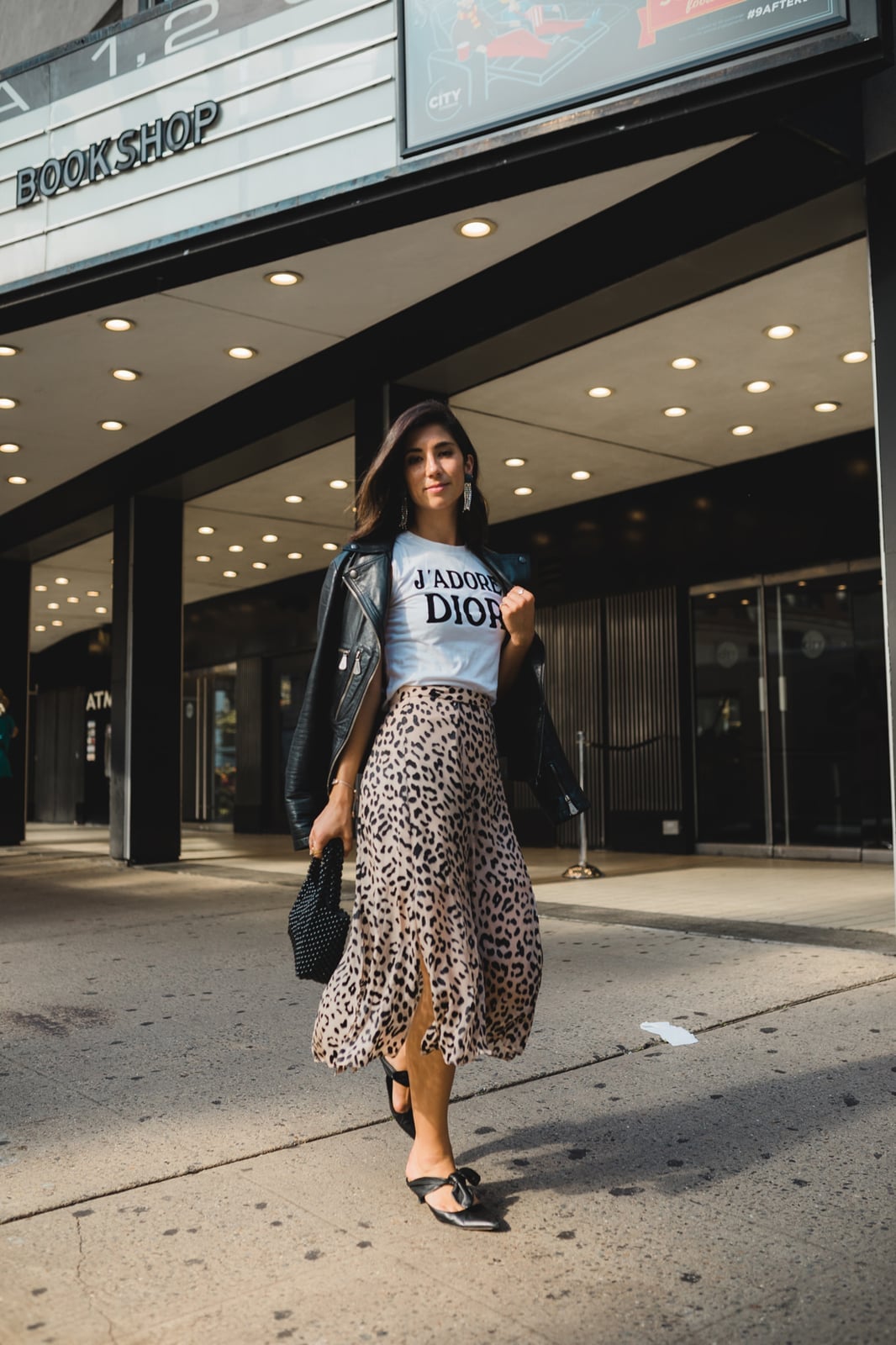 Leopard Midi Skirt With Leather Jacket — Leopard Print Outfits