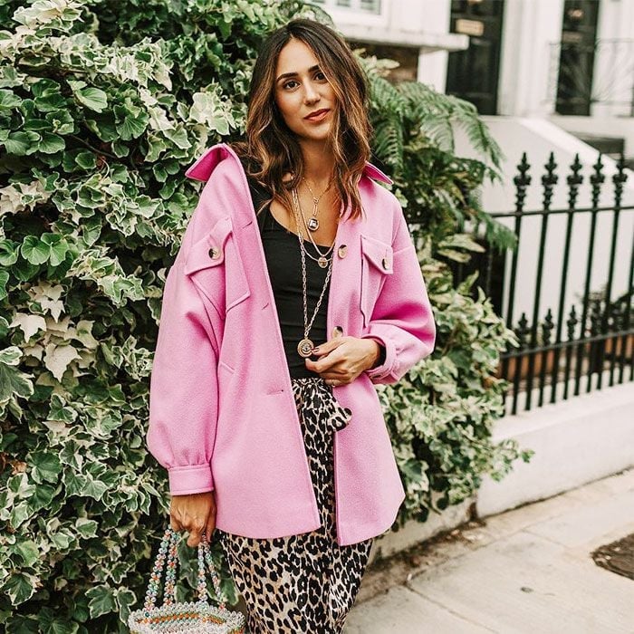 Leopard Midi Skirt With Pink Oversized Jacket, Close-Up Take — Leopard Print Outfits