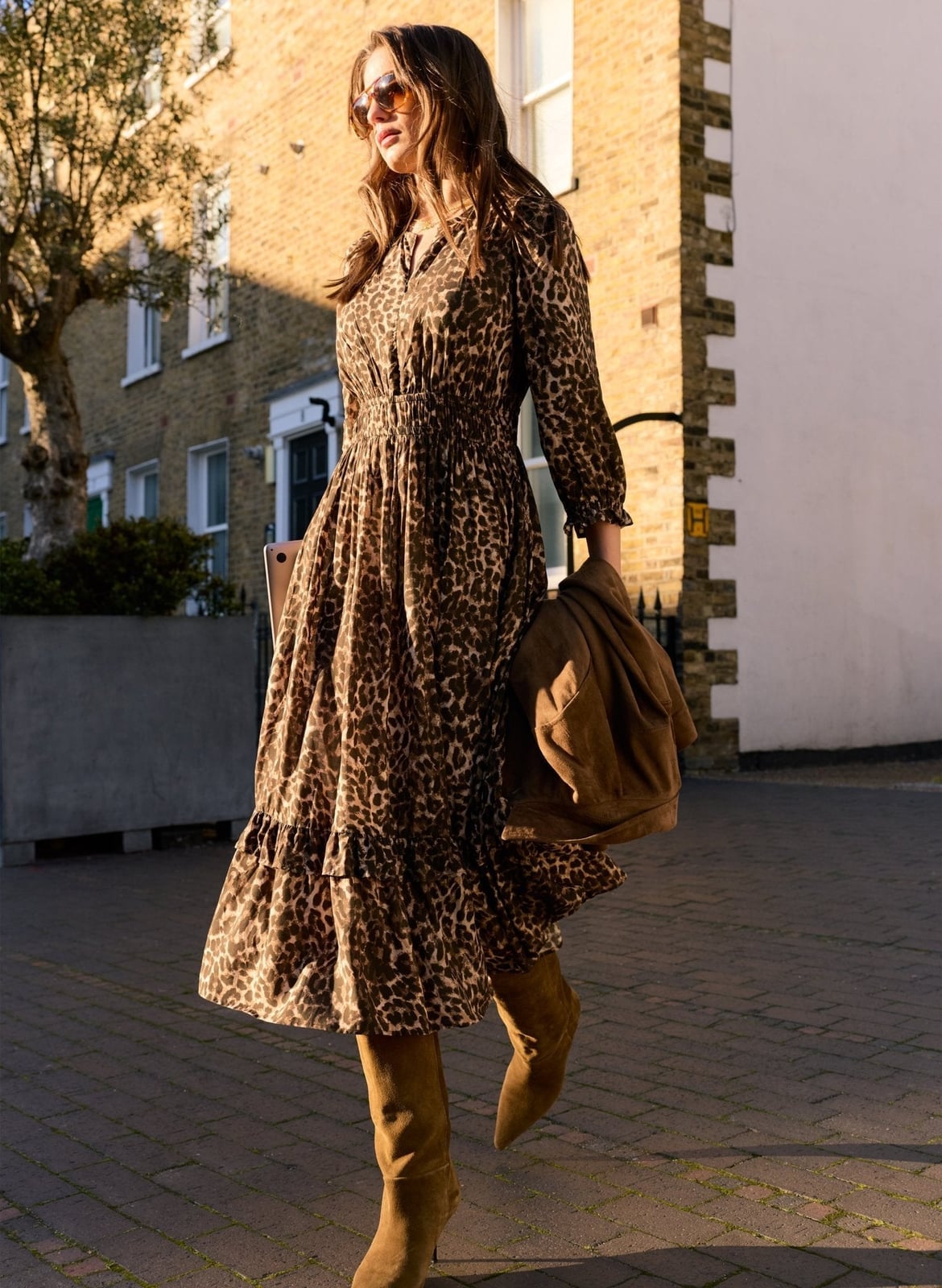 Flowy Leopard Midi Dress With Suede Boots, Close-Up Take — Leopard Print Outfits