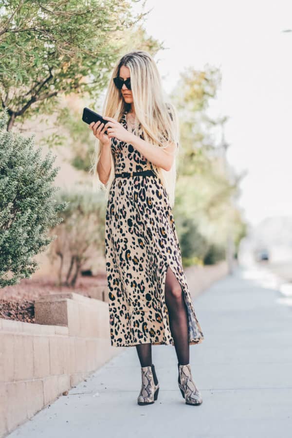 Leopard Midi Dress With Snake Print Boots and Black Belt — Leopard Print Outfits