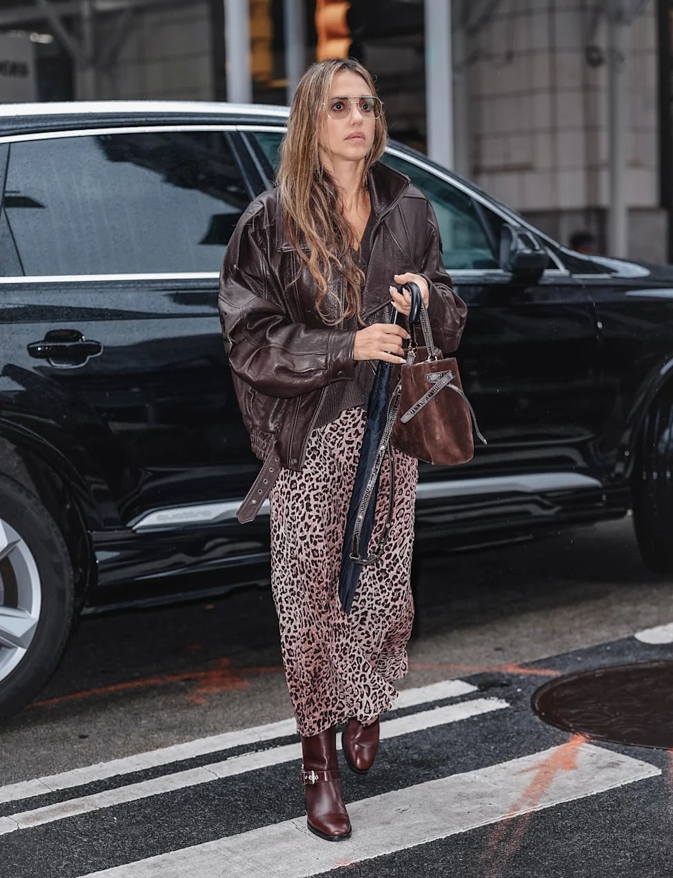Leopard Maxi Dress With Knit Sweater and Leather Jacket — Leopard Print Outfits