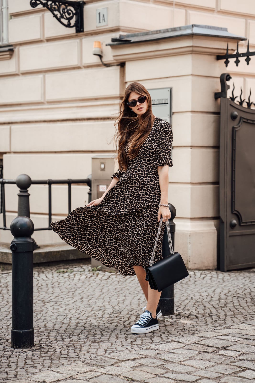 Leopard Print Midi Dress with Canvas Sneakers — Leopard Print Outfits