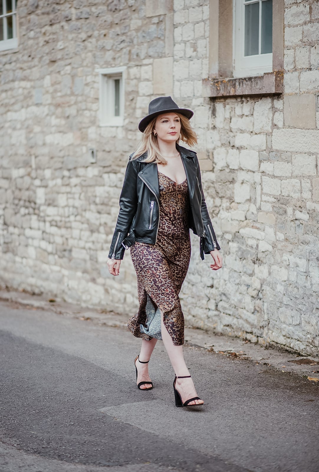 Leopard Slip Dress with Leather Jacket and Fedora — Leopard Print Outfits