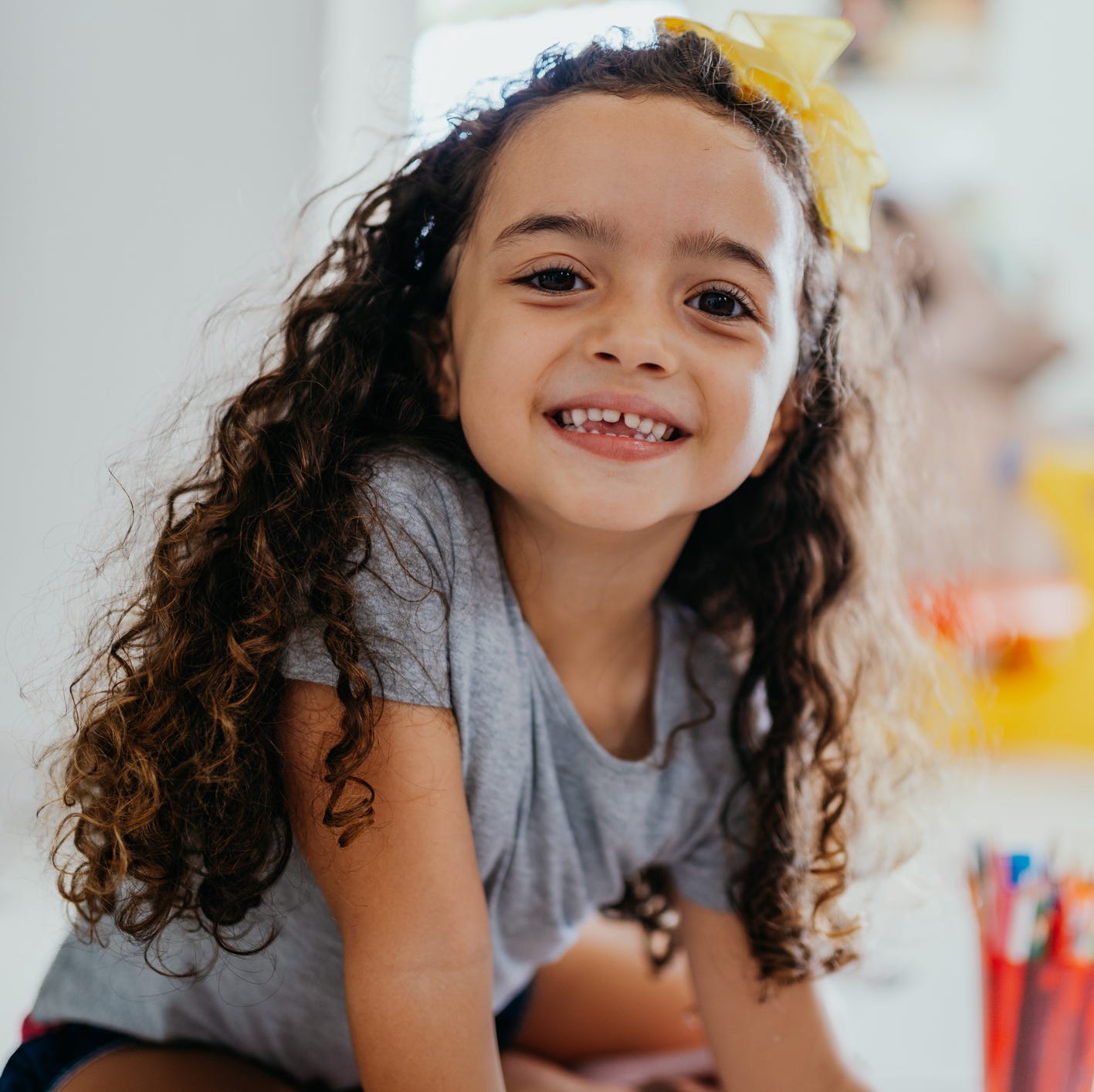 Mid-Back Air Dried Curls With Yellow Bow, Brown Mid-Back Air Dried Curls With Yellow Bow, Brown — Little Girl Hairstyles