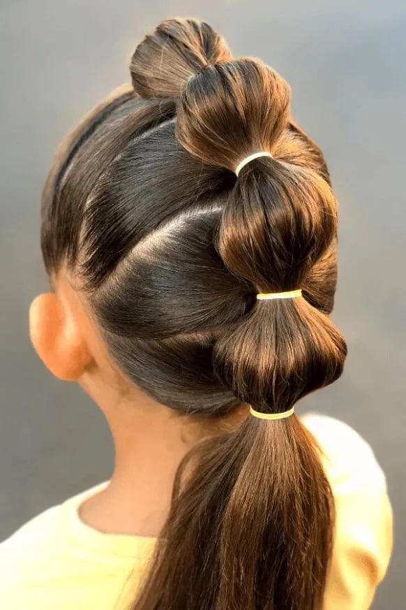 Mid-Back Stacked Bubble Ponytail, Brown Mid-Back Stacked Bubble Ponytail, Brown — Little Girl Hairstyles