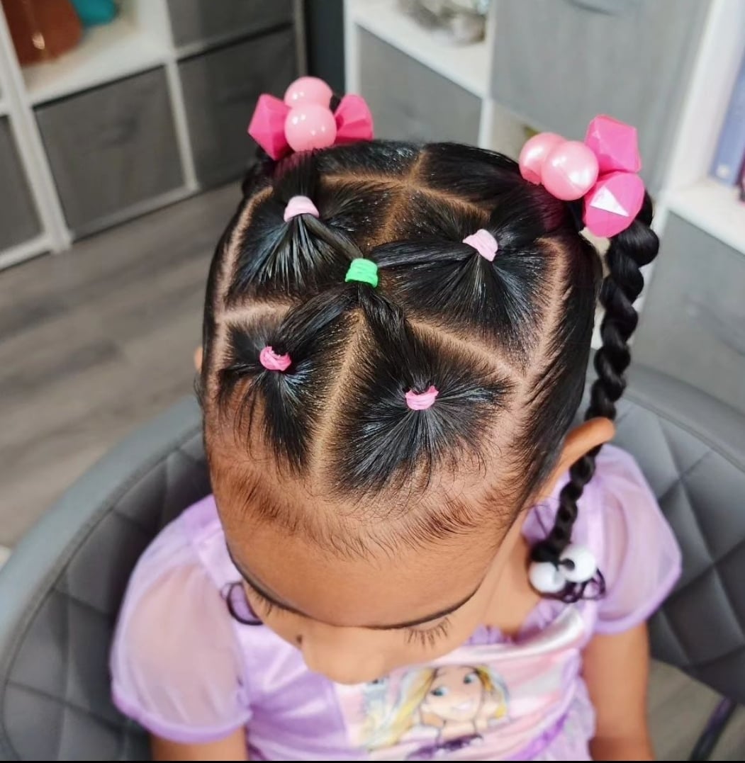 Black Coily Pigtails With Geometric Parting Black Coily Pigtails With Geometric Parting — Little Girl Hairstyles