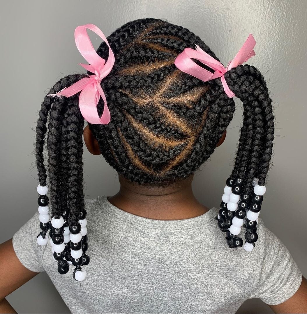 Coily High Pigtails With Chevron Braids Coily High Pigtails With Chevron Braids — Little Girl Hairstyles