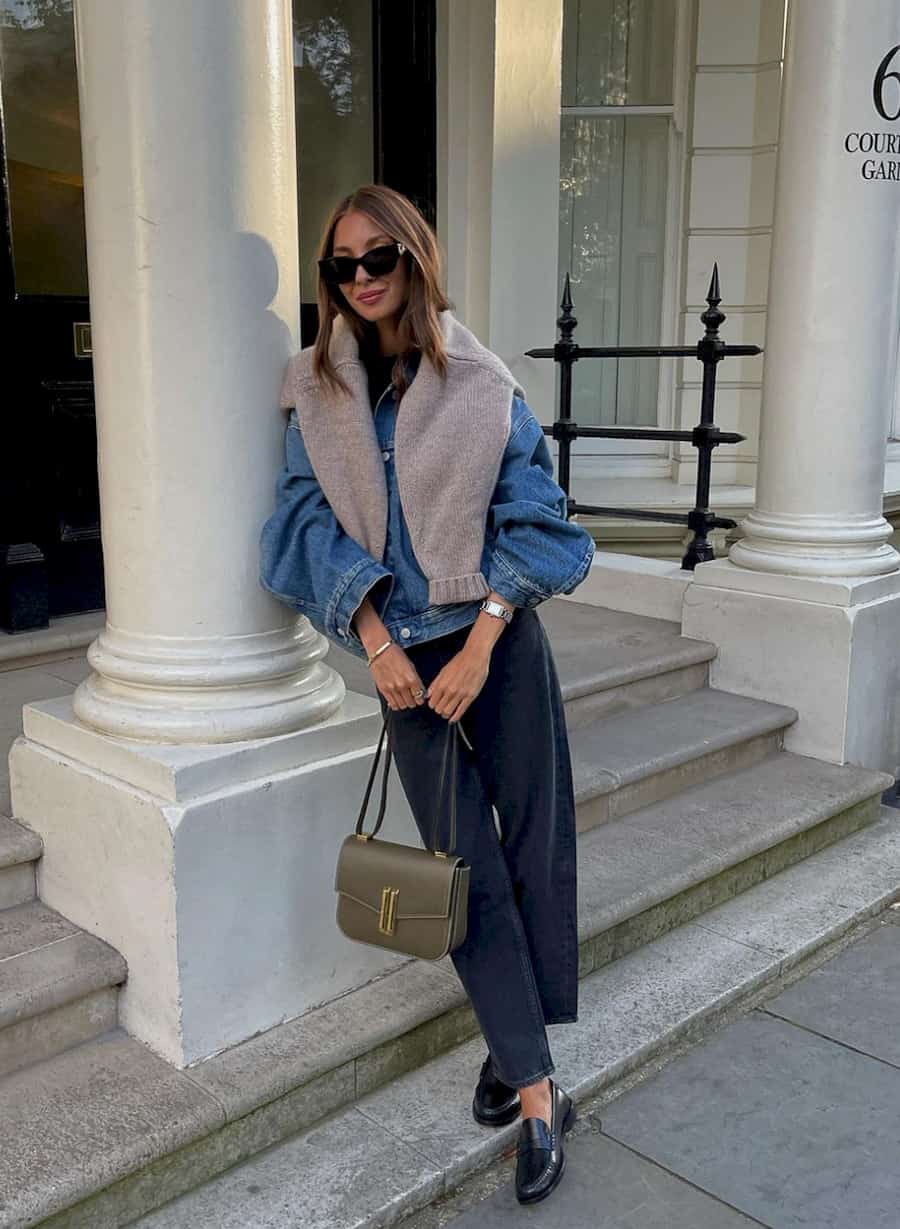 Wide-Leg Jeans and Denim Jacket With Black Loafers, Blue — Loafer Outfits