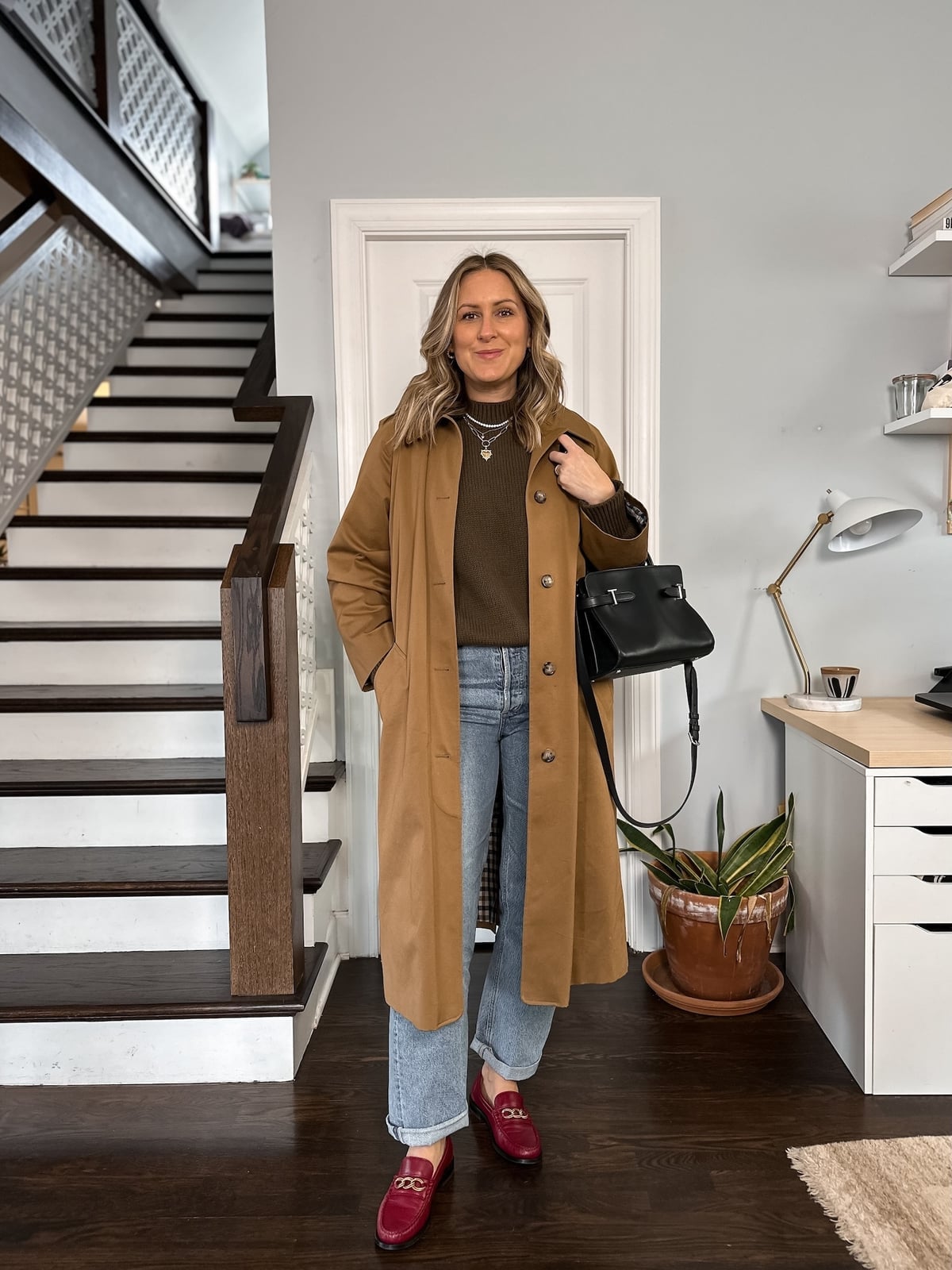 Red Loafers With Jeans and Camel Coat — Loafer Outfits