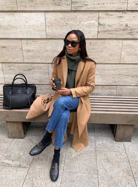 Camel Coat With Green Turtleneck and Black Loafers — Loafer Outfits