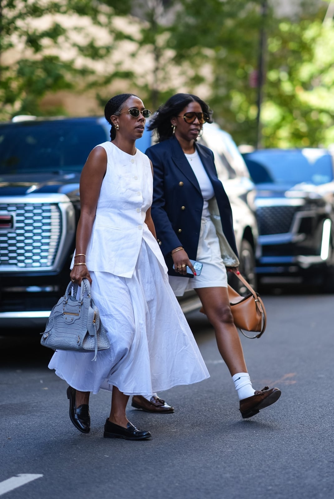 Navy Blazer With White Skirt and Black Loafers — Loafer Outfits