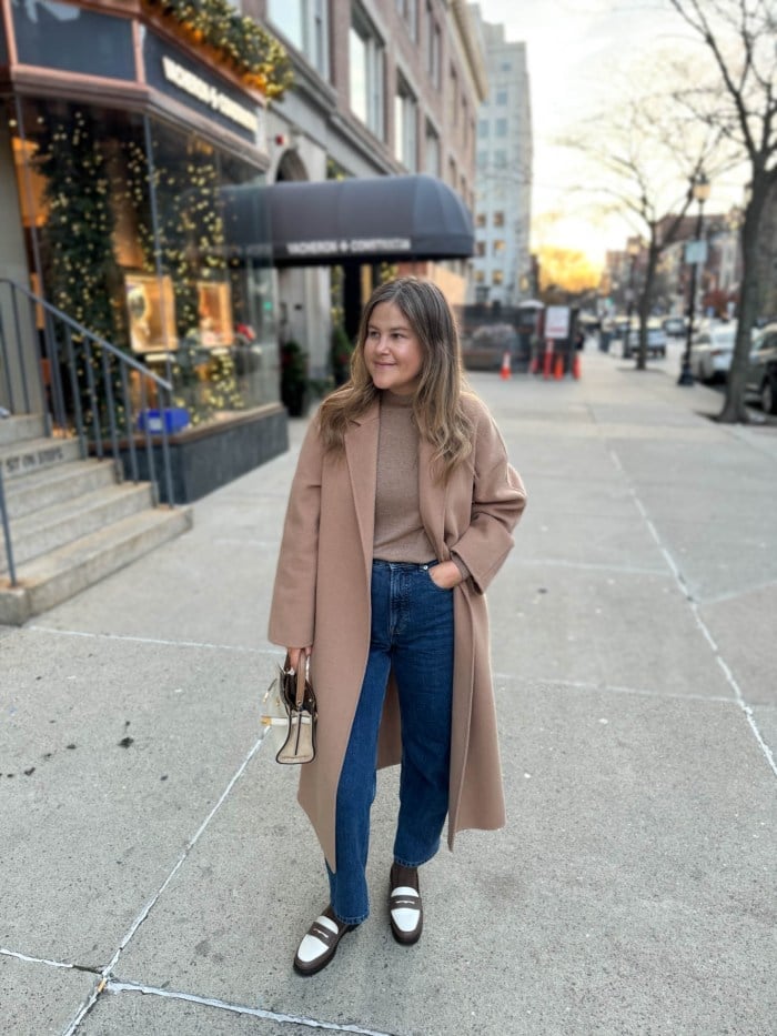 Oversized Camel Coat With Two-Tone Loafers — Loafer Outfits