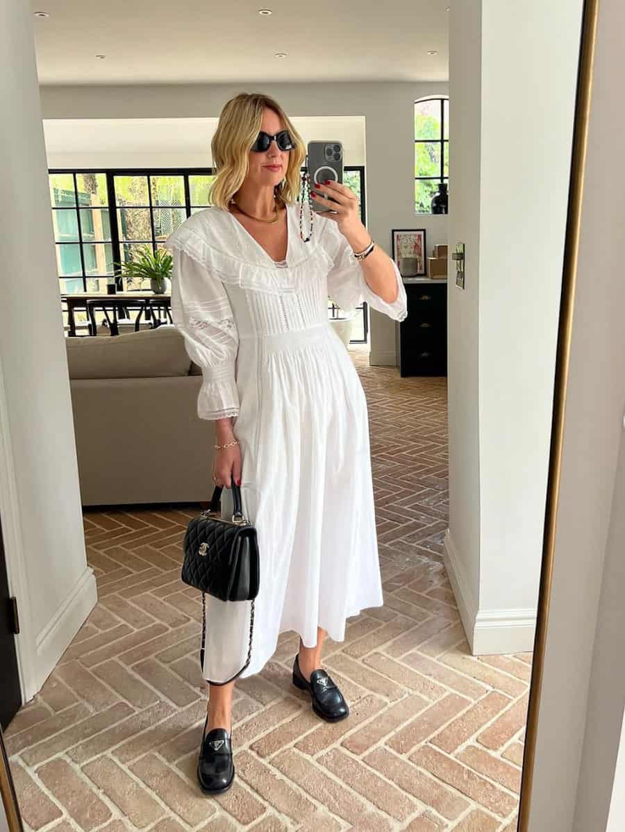 Ruffled Dress With Black Loafers — Loafer Outfits