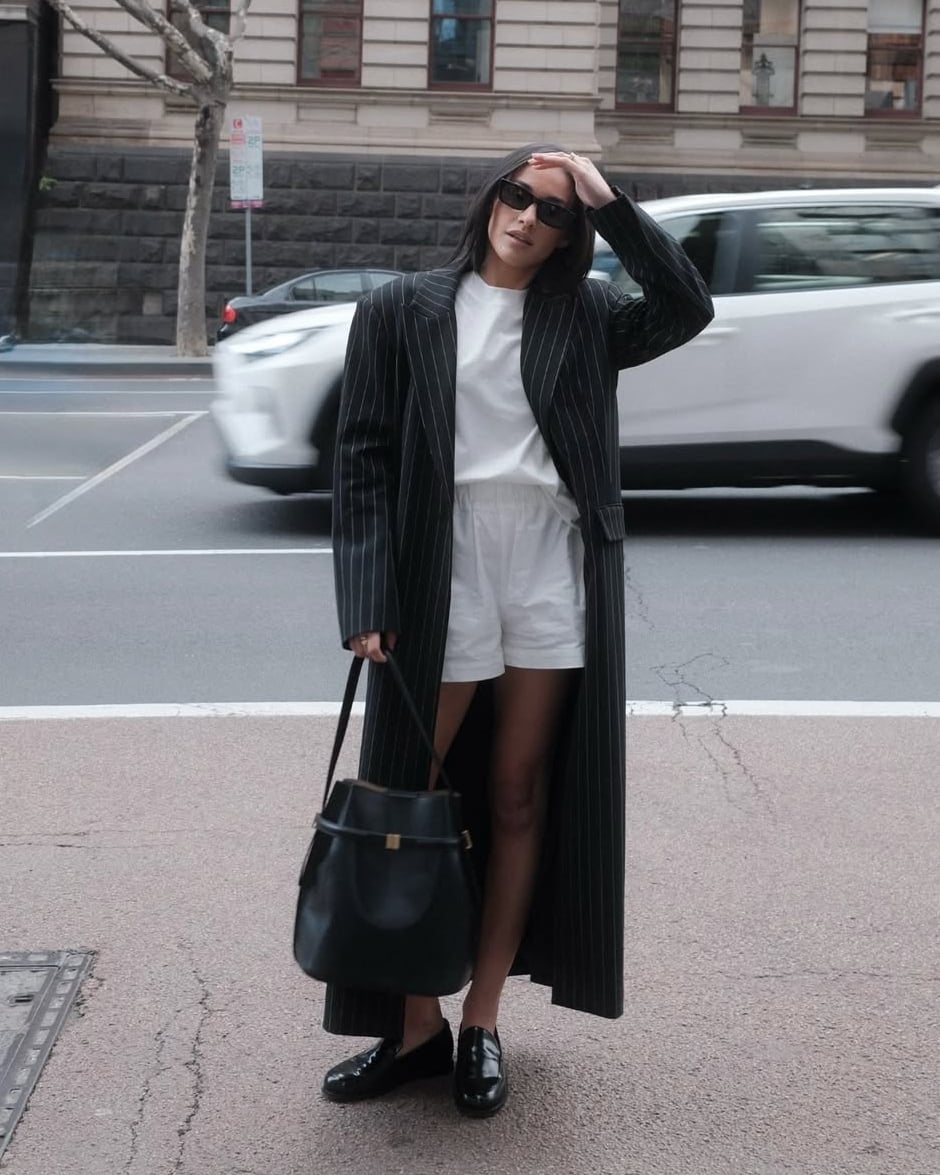 Pinstripe Maxi Coat With Loafers and Linen Shorts — Loafer Outfits